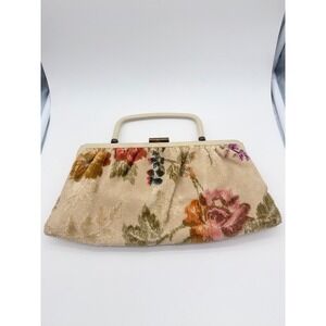 Vintage Floral Tapestry Handbag Cream Needlepoint Rose Top Handle Evening Bag